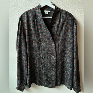 VTG Evan Picone Geometric Print Button Blouse (Size:M)